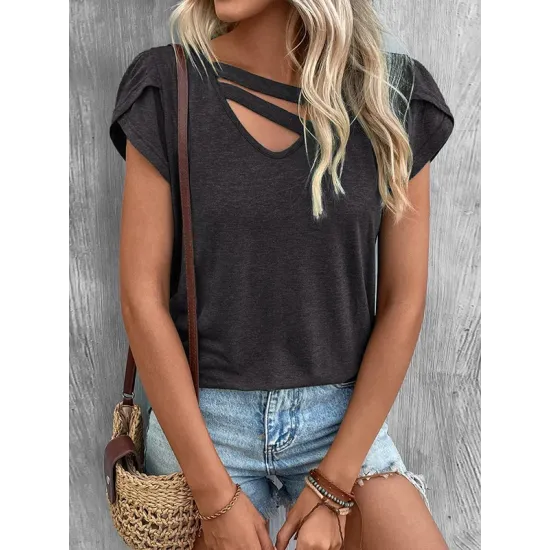 Solid Color Loose Short Sleeves V-neck T-Shirts Tops Solid Color Loose Short Sleeves V-neck T-Shirts Tops