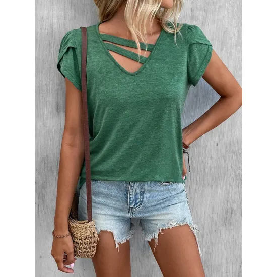 Solid Color Loose Short Sleeves V-neck T-Shirts Tops Solid Color Loose Short Sleeves V-neck T-Shirts Tops