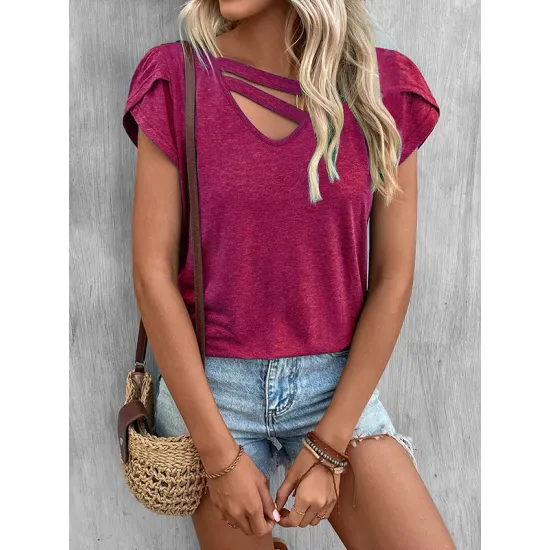 Solid Color Loose Short Sleeves V-neck T-Shirts Tops Solid Color Loose Short Sleeves V-neck T-Shirts Tops