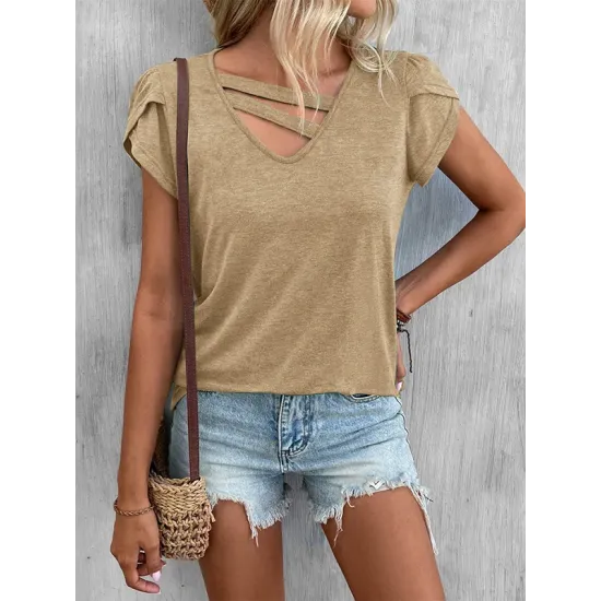 Solid Color Loose Short Sleeves V-neck T-Shirts Tops Solid Color Loose Short Sleeves V-neck T-Shirts Tops