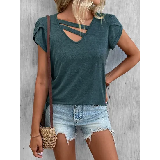 Solid Color Loose Short Sleeves V-neck T-Shirts Tops Solid Color Loose Short Sleeves V-neck T-Shirts Tops