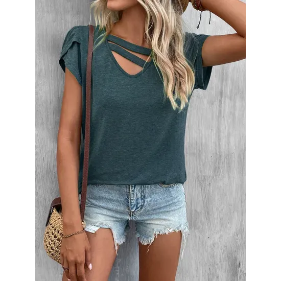 Solid Color Loose Short Sleeves V-neck T-Shirts Tops Solid Color Loose Short Sleeves V-neck T-Shirts Tops