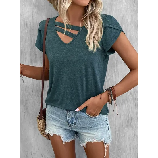 Solid Color Loose Short Sleeves V-neck T-Shirts Tops Solid Color Loose Short Sleeves V-neck T-Shirts Tops