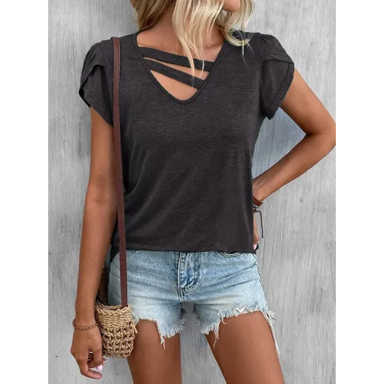 Solid Color Loose Short Sleeves V-neck T-Shirts Tops Solid Color Loose Short Sleeves V-neck T-Shirts Tops