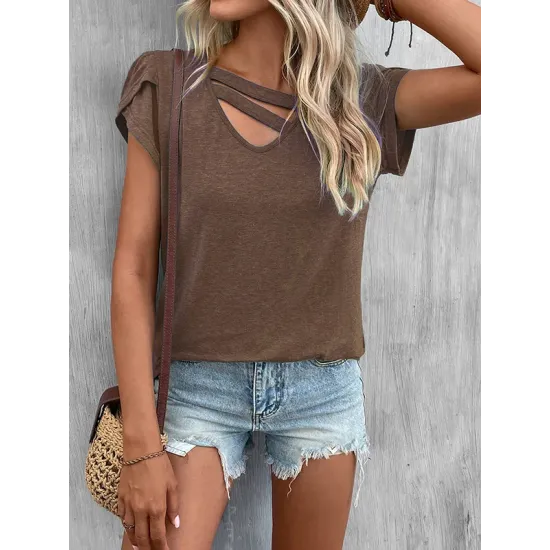 Solid Color Loose Short Sleeves V-neck T-Shirts Tops Solid Color Loose Short Sleeves V-neck T-Shirts Tops