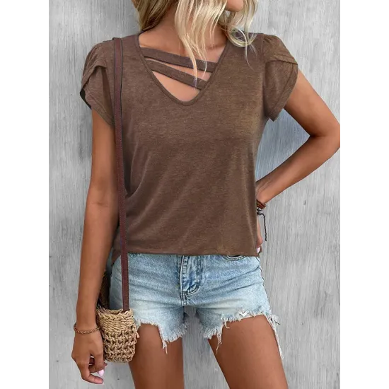 Solid Color Loose Short Sleeves V-neck T-Shirts Tops Solid Color Loose Short Sleeves V-neck T-Shirts Tops