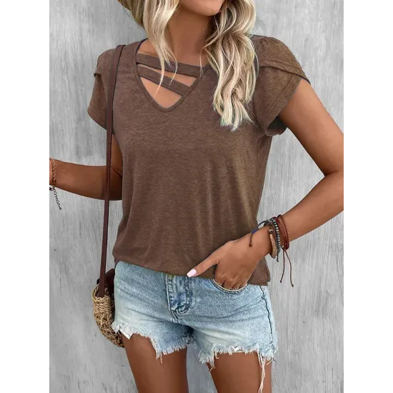 Solid Color Loose Short Sleeves V-neck T-Shirts Tops Solid Color Loose Short Sleeves V-neck T-Shirts Tops