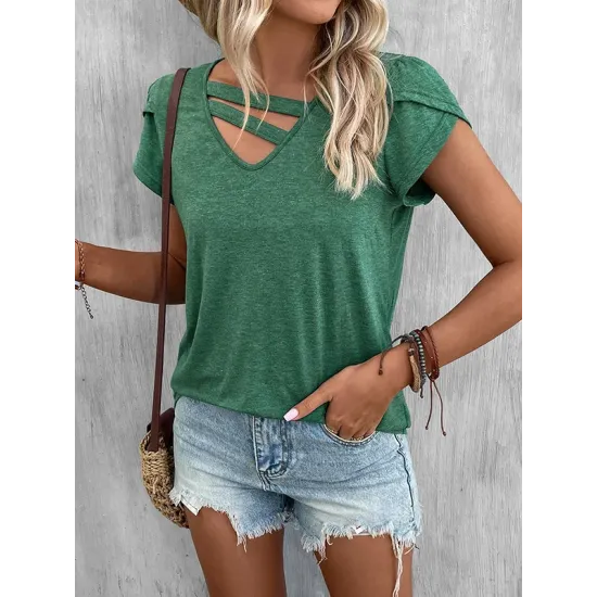Solid Color Loose Short Sleeves V-neck T-Shirts Tops Solid Color Loose Short Sleeves V-neck T-Shirts Tops