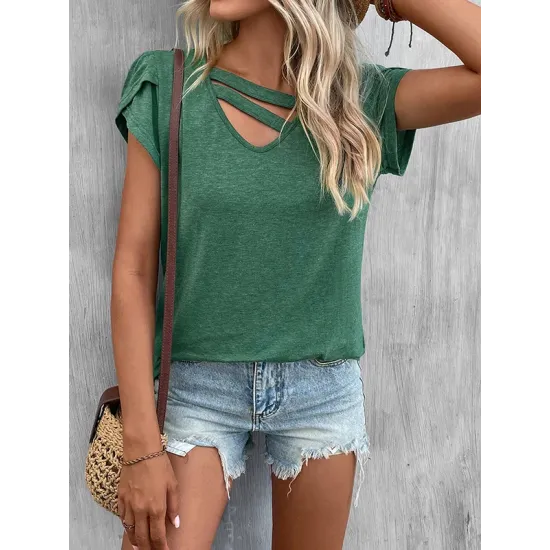 Solid Color Loose Short Sleeves V-neck T-Shirts Tops Solid Color Loose Short Sleeves V-neck T-Shirts Tops