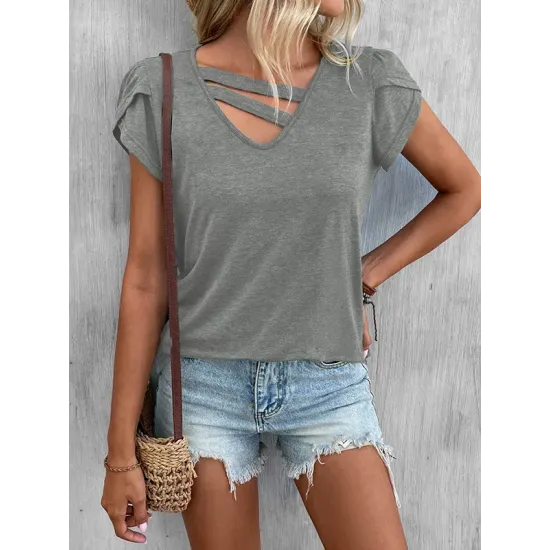 Solid Color Loose Short Sleeves V-neck T-Shirts Tops Solid Color Loose Short Sleeves V-neck T-Shirts Tops