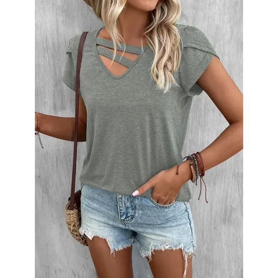 Solid Color Loose Short Sleeves V-neck T-Shirts Tops Solid Color Loose Short Sleeves V-neck T-Shirts Tops