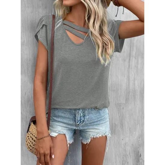 Solid Color Loose Short Sleeves V-neck T-Shirts Tops Solid Color Loose Short Sleeves V-neck T-Shirts Tops