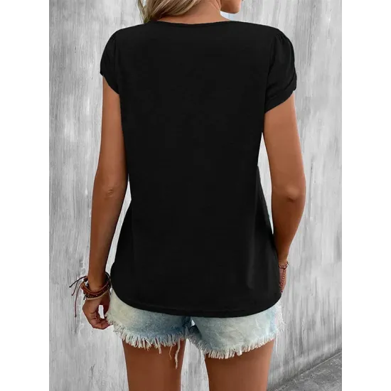 Solid Color Loose Short Sleeves V-neck T-Shirts Tops Solid Color Loose Short Sleeves V-neck T-Shirts Tops