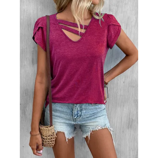 Solid Color Loose Short Sleeves V-neck T-Shirts Tops Solid Color Loose Short Sleeves V-neck T-Shirts Tops