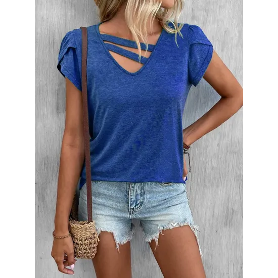 Solid Color Loose Short Sleeves V-neck T-Shirts Tops Solid Color Loose Short Sleeves V-neck T-Shirts Tops