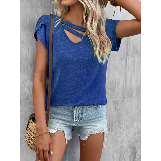 Solid Color Loose Short Sleeves V-neck T-Shirts Tops Solid Color Loose Short Sleeves V-neck T-Shirts Tops