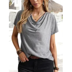 Solid Color Loose Short Sleeves U-Neck T-Shirts Tops