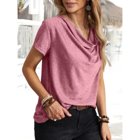 Solid Color Loose Short Sleeves U-Neck T-Shirts Tops Solid Color Loose Short Sleeves U-Neck T-Shirts Tops