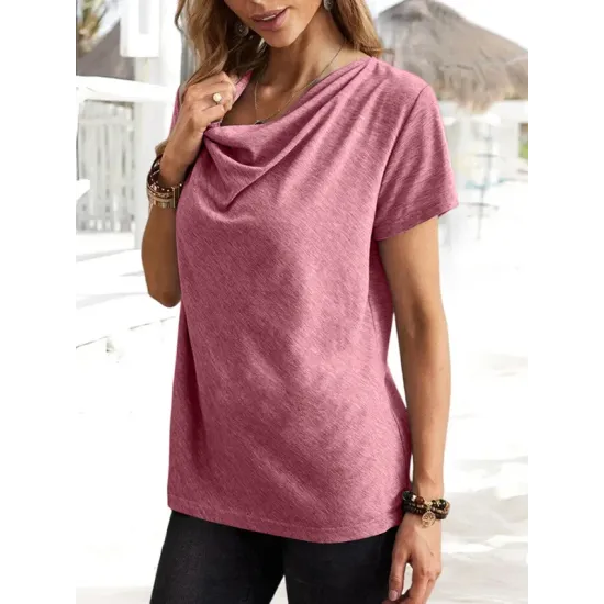 Solid Color Loose Short Sleeves U-Neck T-Shirts Tops Solid Color Loose Short Sleeves U-Neck T-Shirts Tops