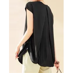 Back Pleated Solid Color Loose Short Sleeves Round-Neck T-Shirts Tops