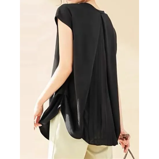 Back Pleated Solid Color Loose Short Sleeves Round-Neck T-Shirts Tops Back Pleated Solid Color Loose Short Sleeves Round-Neck T-Shirts Tops