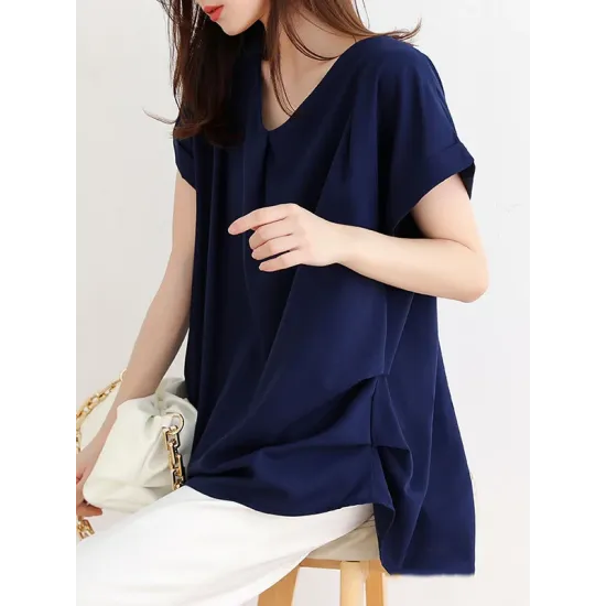 Back Pleated Solid Color Loose Short Sleeves Round-Neck T-Shirts Tops Back Pleated Solid Color Loose Short Sleeves Round-Neck T-Shirts Tops