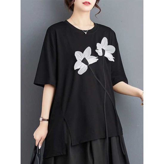Contrast Color Half Sleeves Irregularity Round-Neck T-Shirts Tops Contrast Color Half Sleeves Irregularity Round-Neck T-Shirts Tops