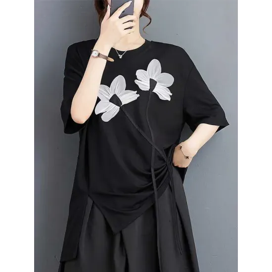 Contrast Color Half Sleeves Irregularity Round-Neck T-Shirts Tops Contrast Color Half Sleeves Irregularity Round-Neck T-Shirts Tops