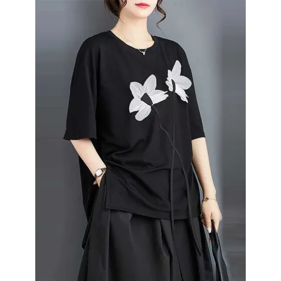 Contrast Color Half Sleeves Irregularity Round-Neck T-Shirts Tops Contrast Color Half Sleeves Irregularity Round-Neck T-Shirts Tops