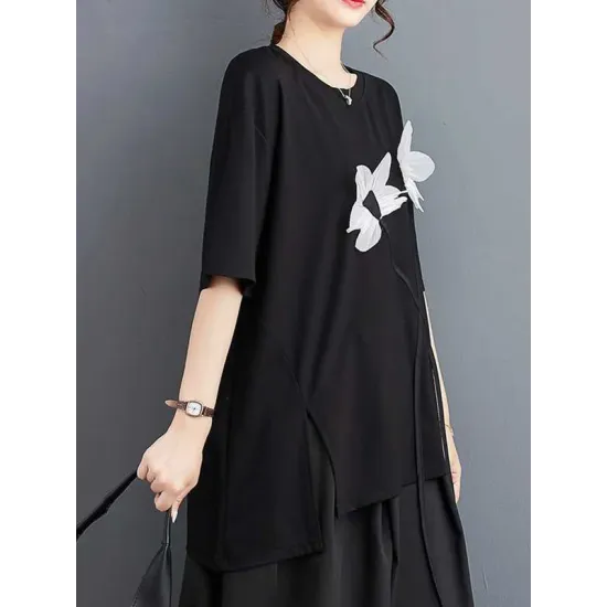 Contrast Color Half Sleeves Irregularity Round-Neck T-Shirts Tops Contrast Color Half Sleeves Irregularity Round-Neck T-Shirts Tops