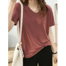 Solid Color Loose Short Sleeves U-Neck T-Shirts Tops
