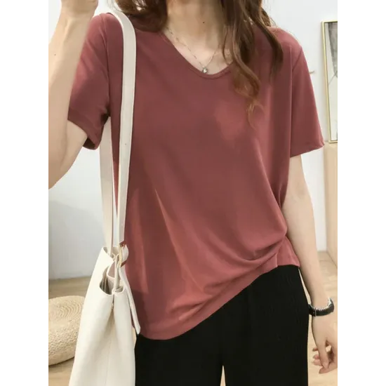 Solid Color Loose Short Sleeves U-Neck T-Shirts Tops Solid Color Loose Short Sleeves U-Neck T-Shirts Tops
