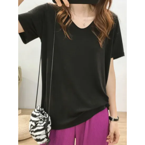 Solid Color Loose Short Sleeves U-Neck T-Shirts Tops Solid Color Loose Short Sleeves U-Neck T-Shirts Tops