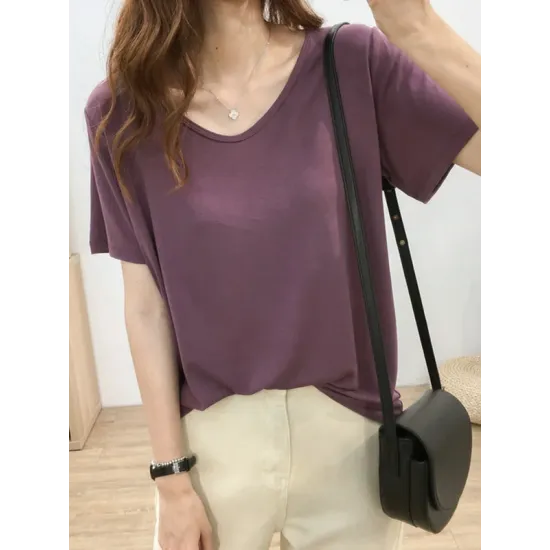 Solid Color Loose Short Sleeves U-Neck T-Shirts Tops Solid Color Loose Short Sleeves U-Neck T-Shirts Tops