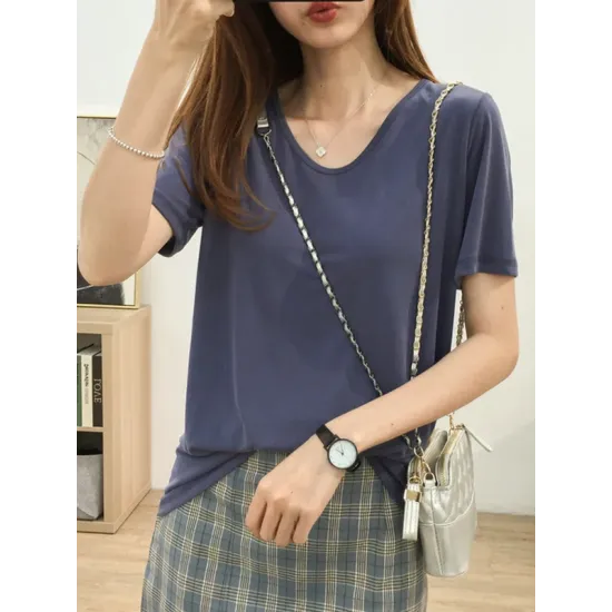 Solid Color Loose Short Sleeves U-Neck T-Shirts Tops Solid Color Loose Short Sleeves U-Neck T-Shirts Tops