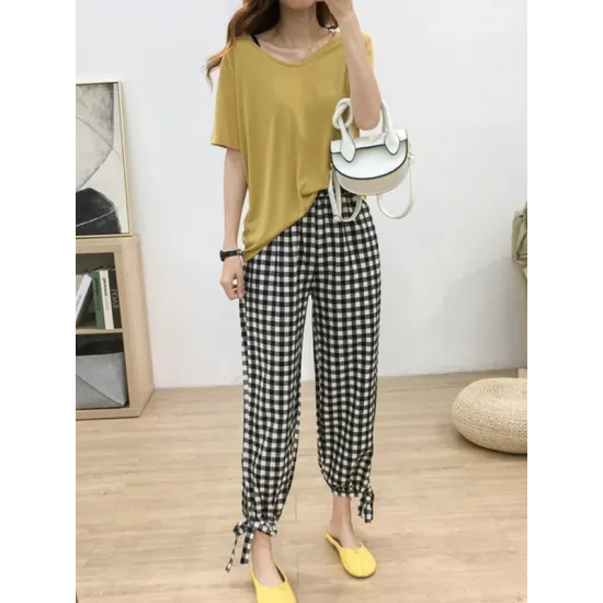 Solid Color Loose Short Sleeves U-Neck T-Shirts Tops Solid Color Loose Short Sleeves U-Neck T-Shirts Tops