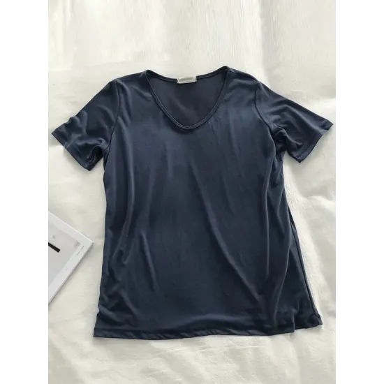 Solid Color Loose Short Sleeves U-Neck T-Shirts Tops Solid Color Loose Short Sleeves U-Neck T-Shirts Tops