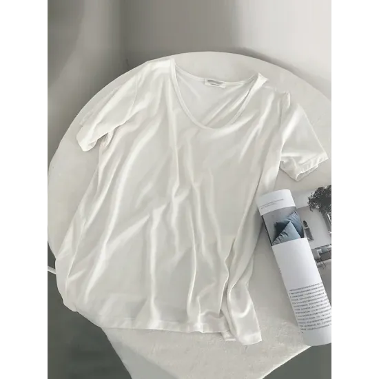 Solid Color Loose Short Sleeves U-Neck T-Shirts Tops Solid Color Loose Short Sleeves U-Neck T-Shirts Tops