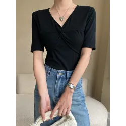 Loose Short Sleeves Solid Color V-Neck T-Shirts Tops