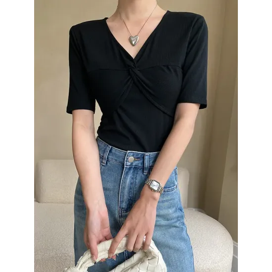 Loose Short Sleeves Solid Color V-Neck T-Shirts Tops Loose Short Sleeves Solid Color V-Neck T-Shirts Tops