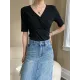 Loose Short Sleeves Solid Color V-Neck T-Shirts Tops Loose Short Sleeves Solid Color V-Neck T-Shirts Tops