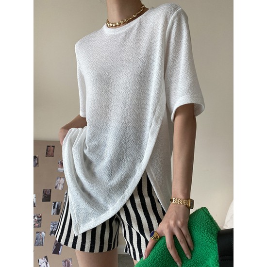Asymmetric See-Through Solid Color Split-Front Half Sleeves Loose Round-Neck T-Shirts Asymmetric See-Through Solid Color Split-Front Half Sleeves Loose Round-Neck T-Shirts