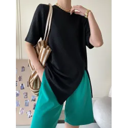 Asymmetric See-Through Solid Color Split-Front Half Sleeves Loose Round-Neck T-Shirts
