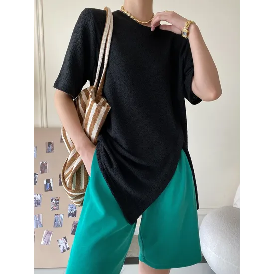 Asymmetric See-Through Solid Color Split-Front Half Sleeves Loose Round-Neck T-Shirts Asymmetric See-Through Solid Color Split-Front Half Sleeves Loose Round-Neck T-Shirts
