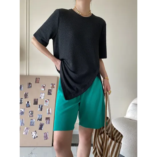 Asymmetric See-Through Solid Color Split-Front Half Sleeves Loose Round-Neck T-Shirts Asymmetric See-Through Solid Color Split-Front Half Sleeves Loose Round-Neck T-Shirts