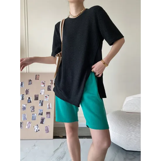Asymmetric See-Through Solid Color Split-Front Half Sleeves Loose Round-Neck T-Shirts Asymmetric See-Through Solid Color Split-Front Half Sleeves Loose Round-Neck T-Shirts