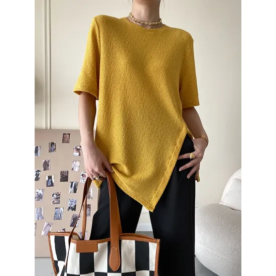 Asymmetric See-Through Solid Color Split-Front Half Sleeves Loose Round-Neck T-Shirts Asymmetric See-Through Solid Color Split-Front Half Sleeves Loose Round-Neck T-Shirts