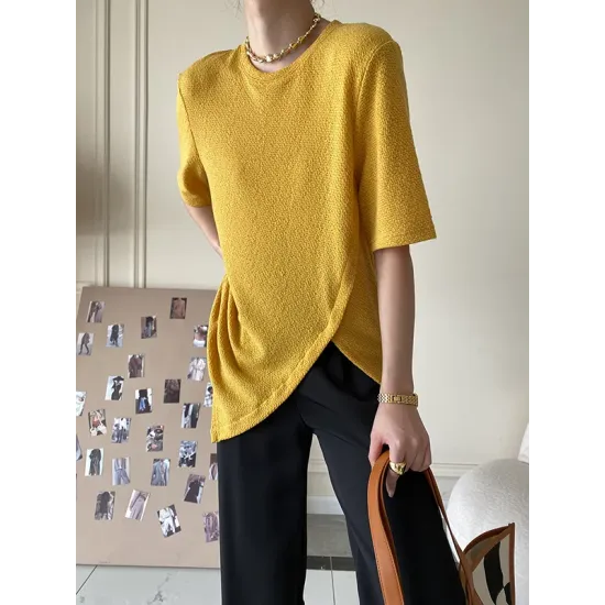 Asymmetric See-Through Solid Color Split-Front Half Sleeves Loose Round-Neck T-Shirts Asymmetric See-Through Solid Color Split-Front Half Sleeves Loose Round-Neck T-Shirts
