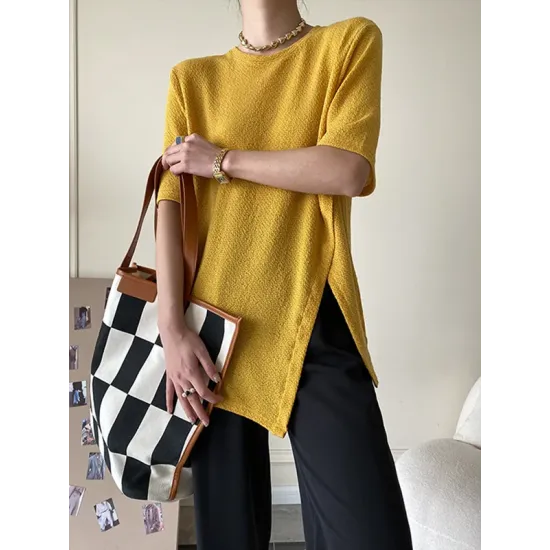 Asymmetric See-Through Solid Color Split-Front Half Sleeves Loose Round-Neck T-Shirts Asymmetric See-Through Solid Color Split-Front Half Sleeves Loose Round-Neck T-Shirts
