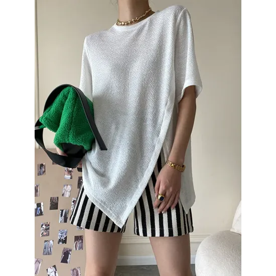 Asymmetric See-Through Solid Color Split-Front Half Sleeves Loose Round-Neck T-Shirts Asymmetric See-Through Solid Color Split-Front Half Sleeves Loose Round-Neck T-Shirts